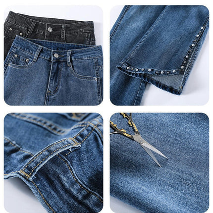 Women's Straight Leg Jeans Rivets High Waist Beggy Slit Denim Pants with Pockets