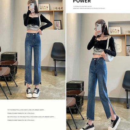 Women's Straight Leg Jeans Rivets High Waist Beggy Slit Denim Pants with Pockets