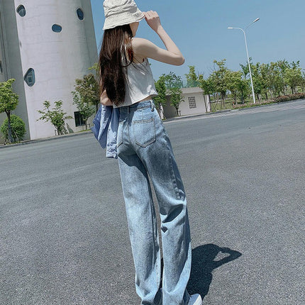 Women's High Waisted Straight Leg Long Jeans Beggy Casual Denim Pants