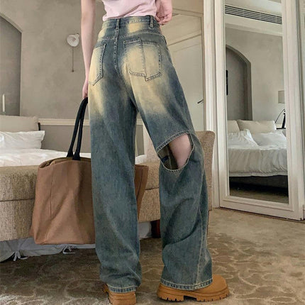 Women's High Waist Jeans Beggy Cut Out Straight Leg Denim Pants