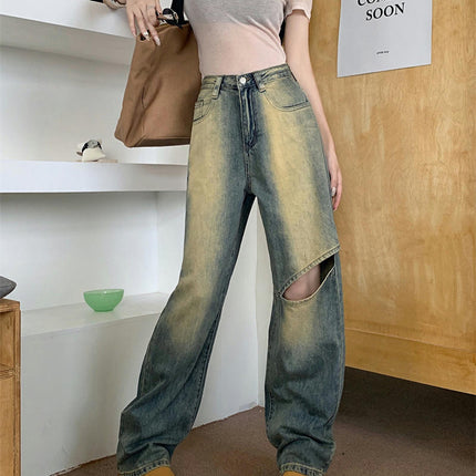 Women's High Waist Jeans Beggy Cut Out Straight Leg Denim Pants