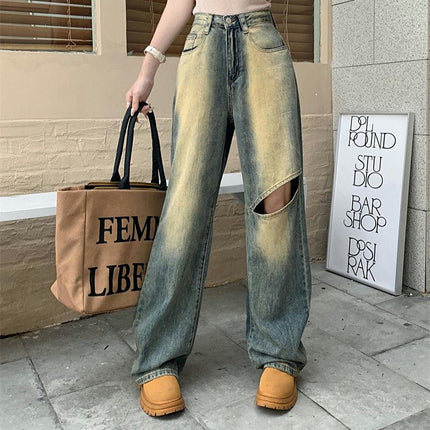 Women's High Waist Jeans Beggy Cut Out Straight Leg Denim Pants