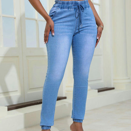 Women Drawstring High Waist Stretch Jeans Skinny Denim Pants