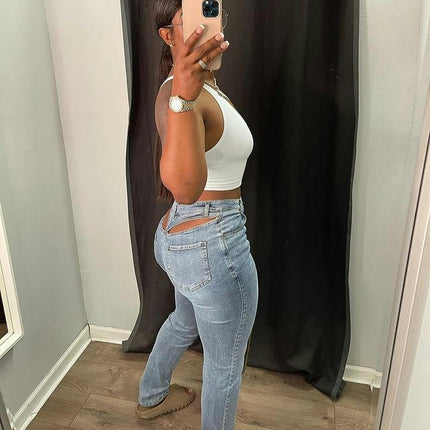 High Waisted Jeans for Women Slim Fit Stretch Cut Out Denim Pants