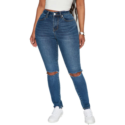 Womens High Waisted Skinny Slim Fit Cut Out Jeans Ripped Denim Pants