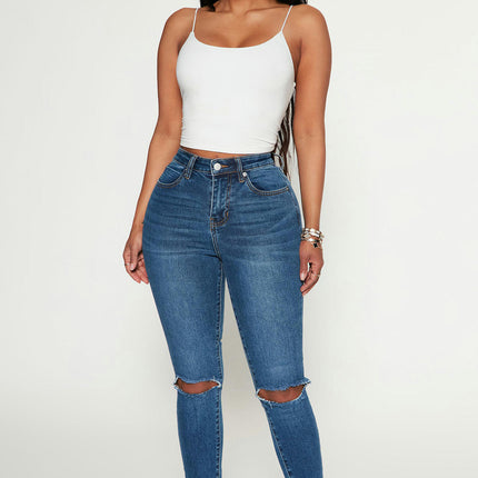 Womens High Waisted Skinny Slim Fit Cut Out Jeans Ripped Denim Pants