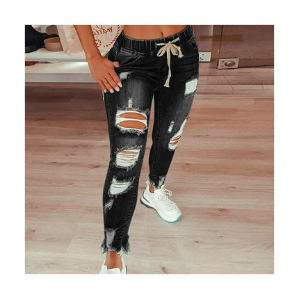 Women Mid Waist Skinny Stretch Ripped Jeans Destroyed Denim Pants