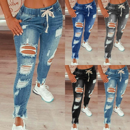 Women Mid Waist Skinny Stretch Ripped Jeans Destroyed Denim Pants