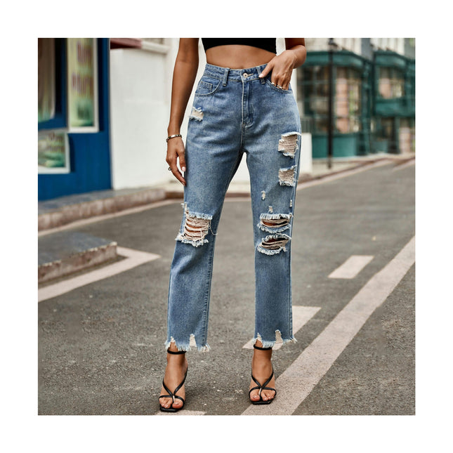 Women's Ripped Jeans Boyfriend Straight Leg Distressed Denim Pants