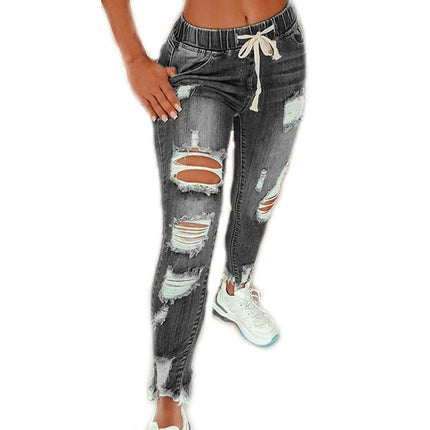 Women Mid Waist Skinny Stretch Ripped Jeans Destroyed Denim Pants