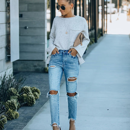 Women's Mid Waist Boyfriend Straight Leg Ripped Jeans Distressed Denim Pants-A1