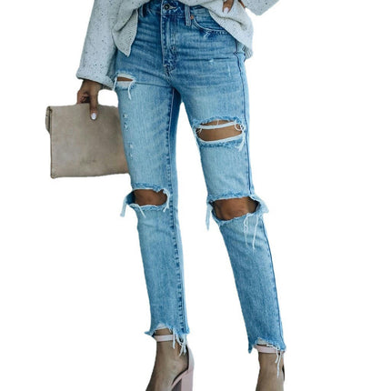 Women's Mid Waist Boyfriend Straight Leg Ripped Jeans Distressed Denim Pants-A1