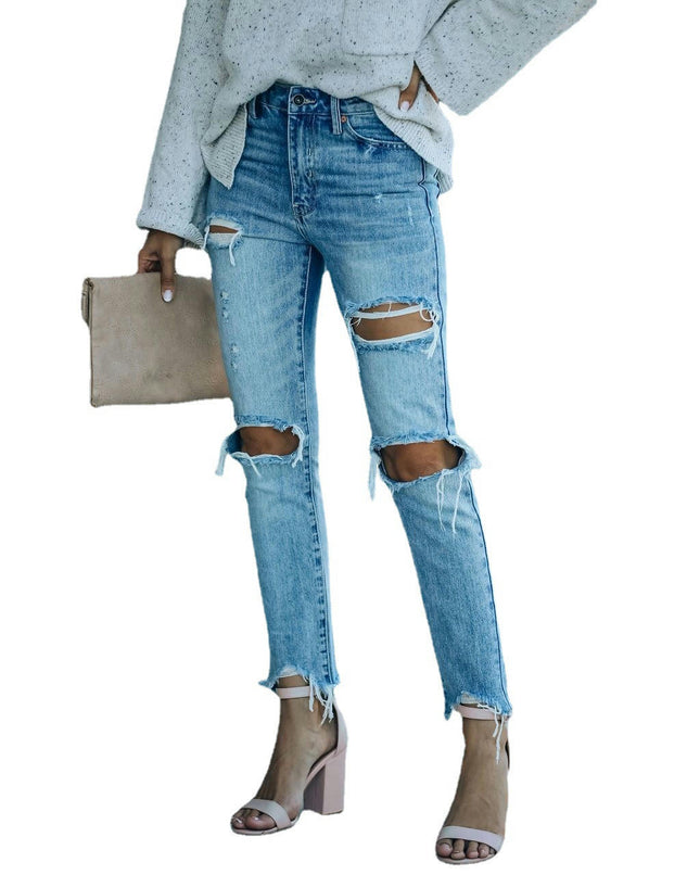 Women's Mid Waist Boyfriend Straight Leg Ripped Jeans Distressed Denim Pants-A1