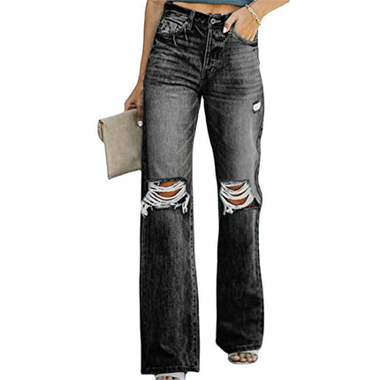 Women's Ripped Straight Leg Jeans Mid Waist Distressed Denim Pants