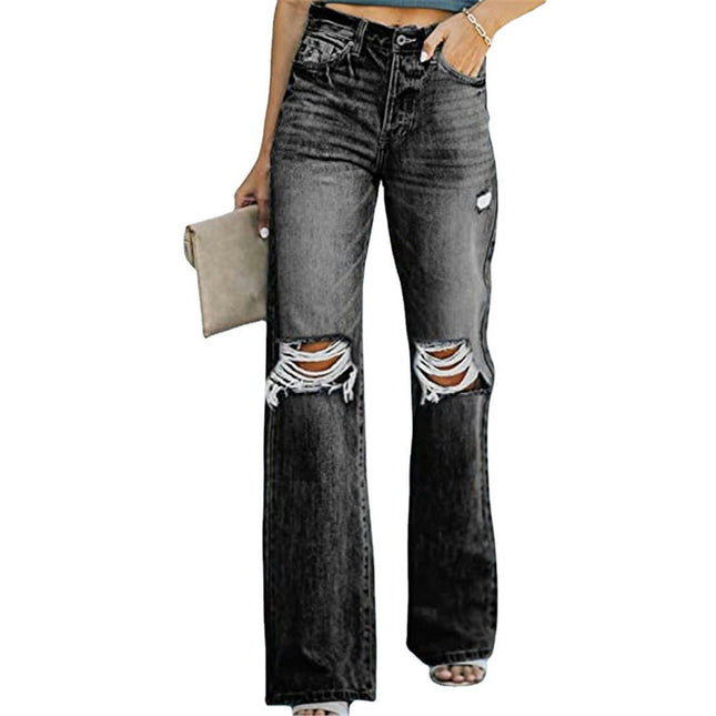 Women's Ripped Straight Leg Jeans Mid Waist Distressed Denim Pants