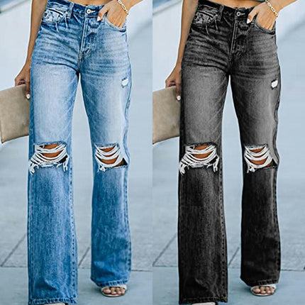 Women's Ripped Straight Leg Jeans Mid Waist Distressed Denim Pants