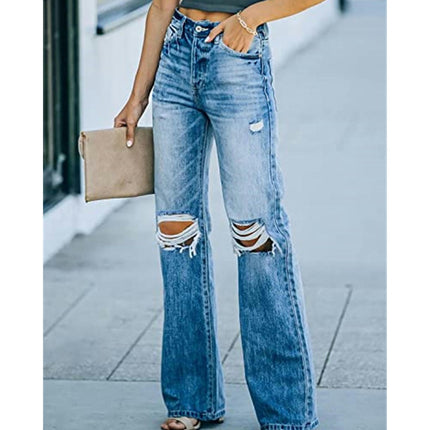 Women's Ripped Straight Leg Jeans Mid Waist Distressed Denim Pants