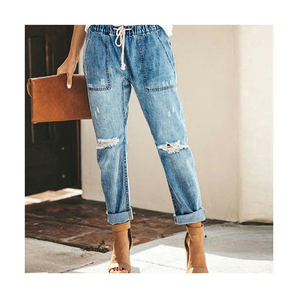 Women's Ripped Jeans Drawstring Elastic Waist Denim Pants