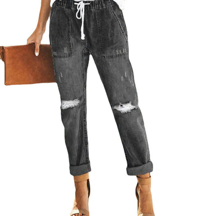 Women's Ripped Jeans Drawstring Elastic Waist Denim Pants