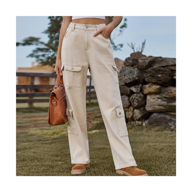 Women's Casual Mid Waist Cargo Pants Stretch Wide Leg Pants with Pockets