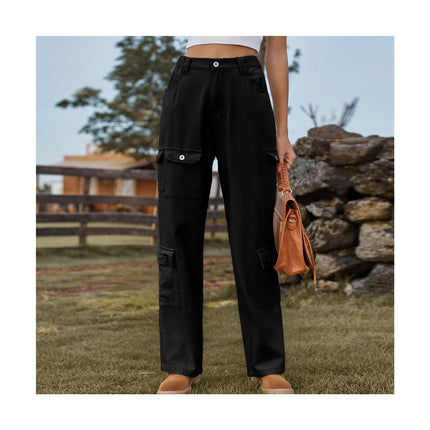 Women's Casual Mid Waist Cargo Pants Stretch Wide Leg Pants with Pockets