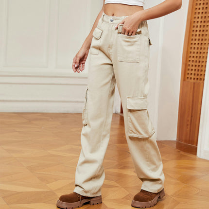 Women Mid Waisted Cargo Pants Wide Leg 6 Pockets Casual Pants