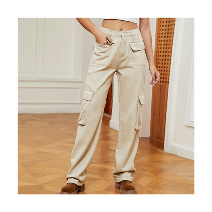 Women Mid Waisted Cargo Pants Wide Leg 6 Pockets Casual Pants