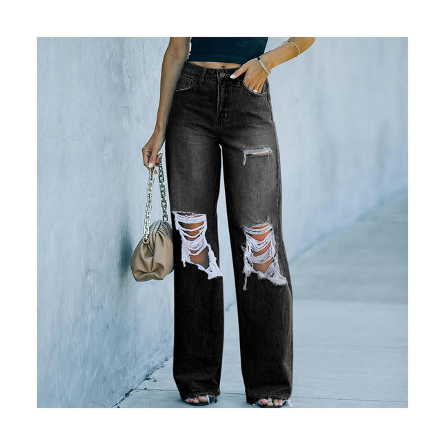 Mid Waisted Ripped Jeans for Women Distressed Wide Leg Jeans Pants