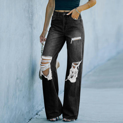 Mid Waisted Ripped Jeans for Women Distressed Wide Leg Jeans Pants