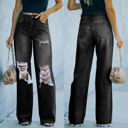 Mid Waisted Ripped Jeans for Women Distressed Wide Leg Jeans Pants