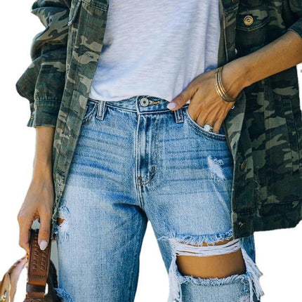 Women Mid Waisted Baggy Jeans Distressed Boyfriend Straight Leg Denim Pants