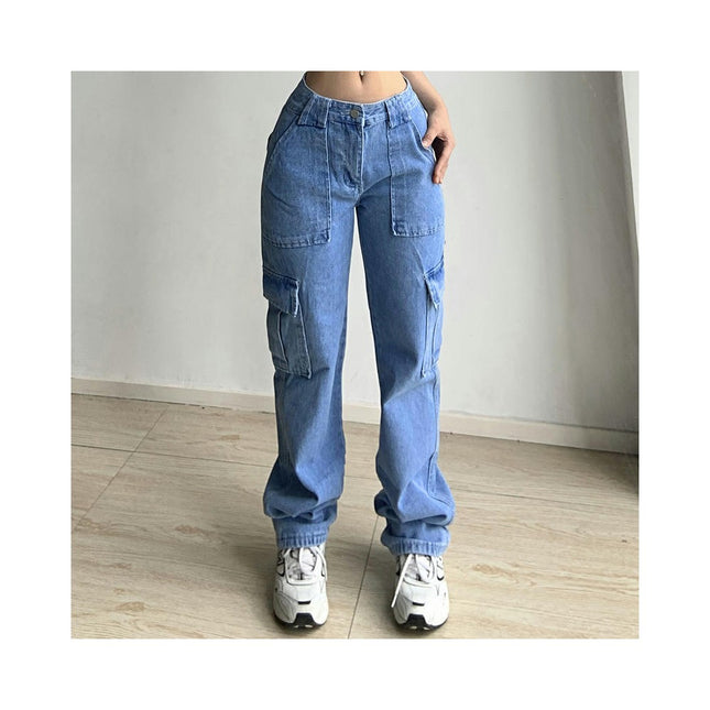 Women's Casual Mid Waist Cargo Jeans Wide Leg Denim Pants with Pockets