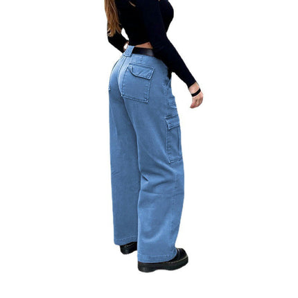 Women's Casual Mid Waist Cargo Jeans Wide Leg Denim Pants with Pockets