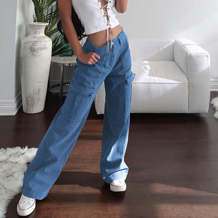 Women's Casual Mid Waist Cargo Jeans Wide Leg Denim Pants with Pockets