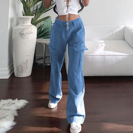 Women's Casual Mid Waist Cargo Jeans Wide Leg Denim Pants with Pockets