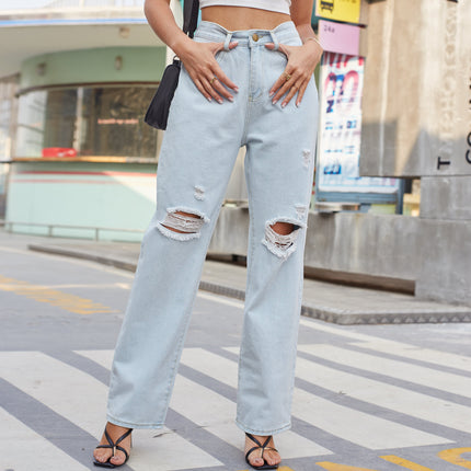 Women's Baggy High Waist Ripped Wide Leg Jeans Distressed Denim Pants