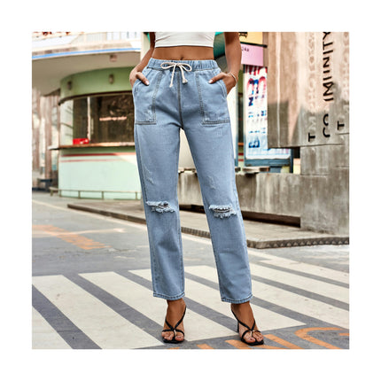 Women's Casual Pull-on Distressed Jeans Elastic Waist Denim Pants