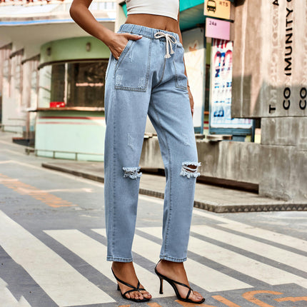 Women's Casual Pull-on Distressed Jeans Elastic Waist Denim Pants