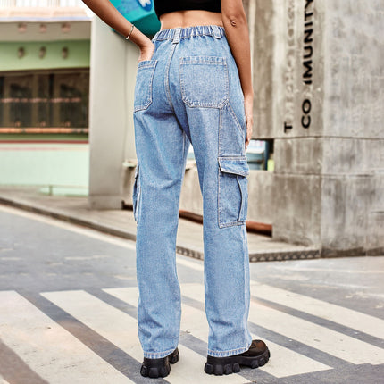 Women High Waisted Cargo Denim Pants Wide Leg Casual 6 Pockets Jeans Pants