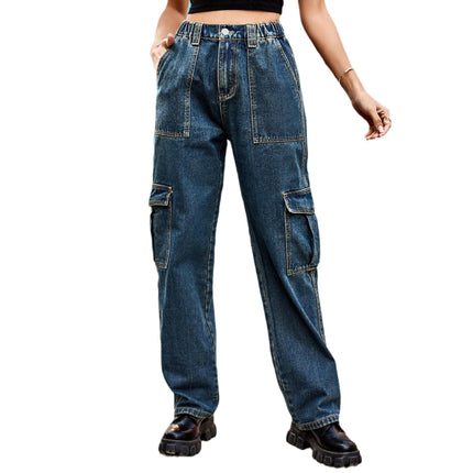 Women High Waisted Cargo Denim Pants Wide Leg Casual 6 Pockets Jeans Pants