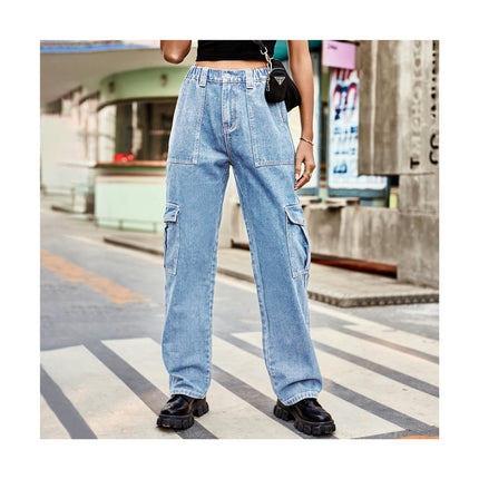 Women High Waisted Cargo Denim Pants Wide Leg Casual 6 Pockets Jeans Pants