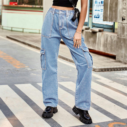 Women High Waisted Cargo Denim Pants Wide Leg Casual 6 Pockets Jeans Pants