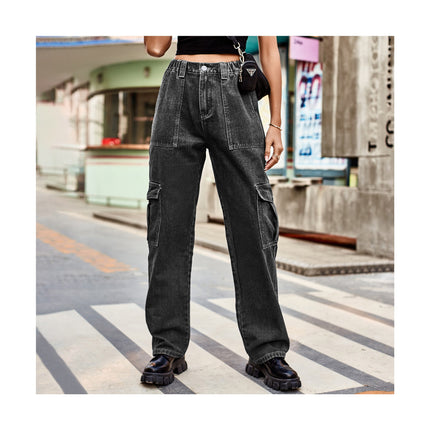 Women High Waisted Cargo Denim Pants Wide Leg Casual 6 Pockets Jeans Pants