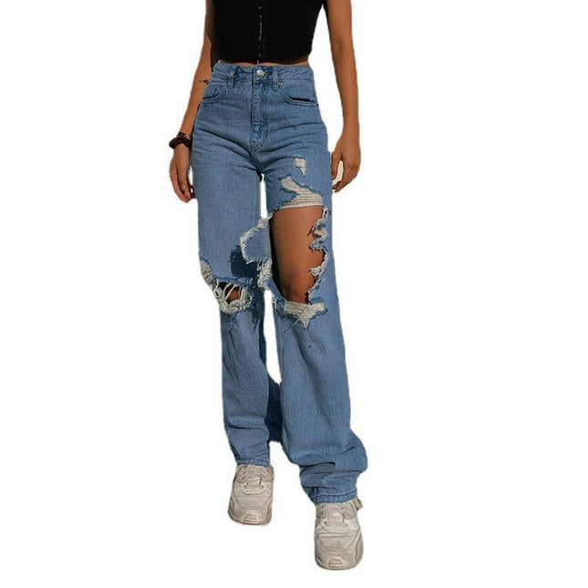 Women Ripped Boyfriend Jeans High Waist Baggy Straight Leg Distressed Denim Pants