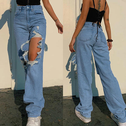 Women Ripped Boyfriend Jeans High Waist Baggy Straight Leg Distressed Denim Pants