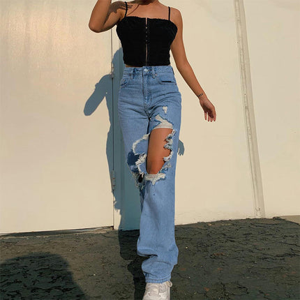 Women Ripped Boyfriend Jeans High Waist Baggy Straight Leg Distressed Denim Pants