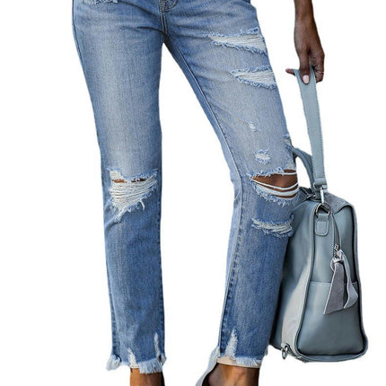 Women Ripped Mid Waisted Jeans Frayed Raw Hem Boyfriend Distressed Denim Pants