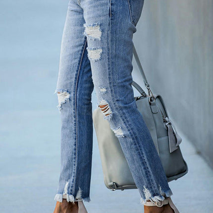 Women Ripped Mid Waisted Jeans Frayed Raw Hem Boyfriend Distressed Denim Pants