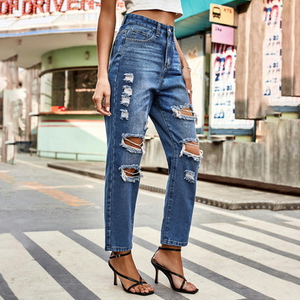 Womens High Waisted Straight Leg Ankle Jeans Casual Distressed Denim Pants