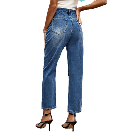 Womens High Waisted Straight Leg Ankle Jeans Casual Distressed Denim Pants